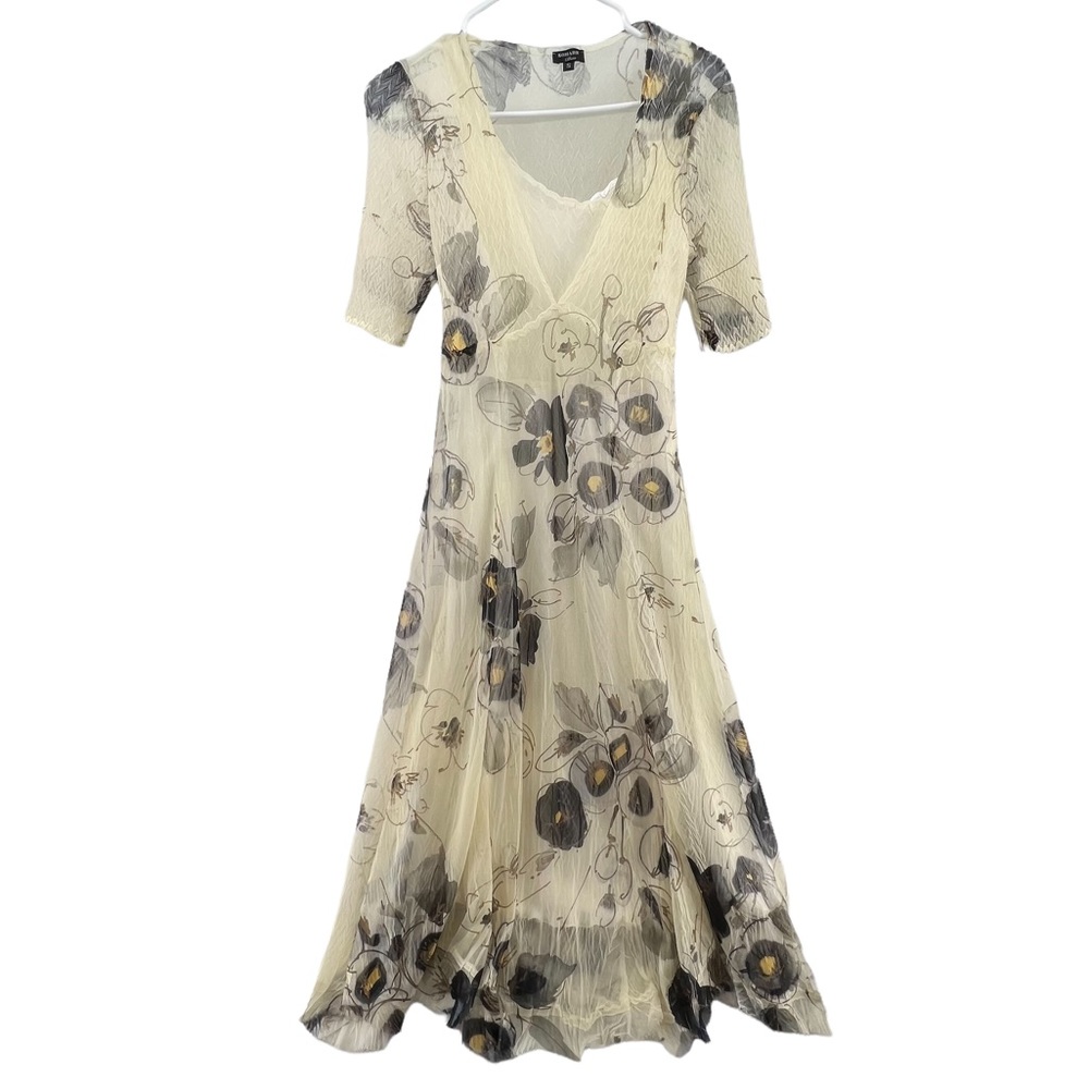Komarov Floral Dress Size Small Chiffon & Charmeuse A-Line Lined Short Sleeve
